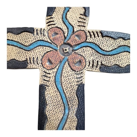 Vintage Handmade Ceramic Cross Wall Hanging Flower Southwest Blue & Brown Accent - Picture 2 of 6